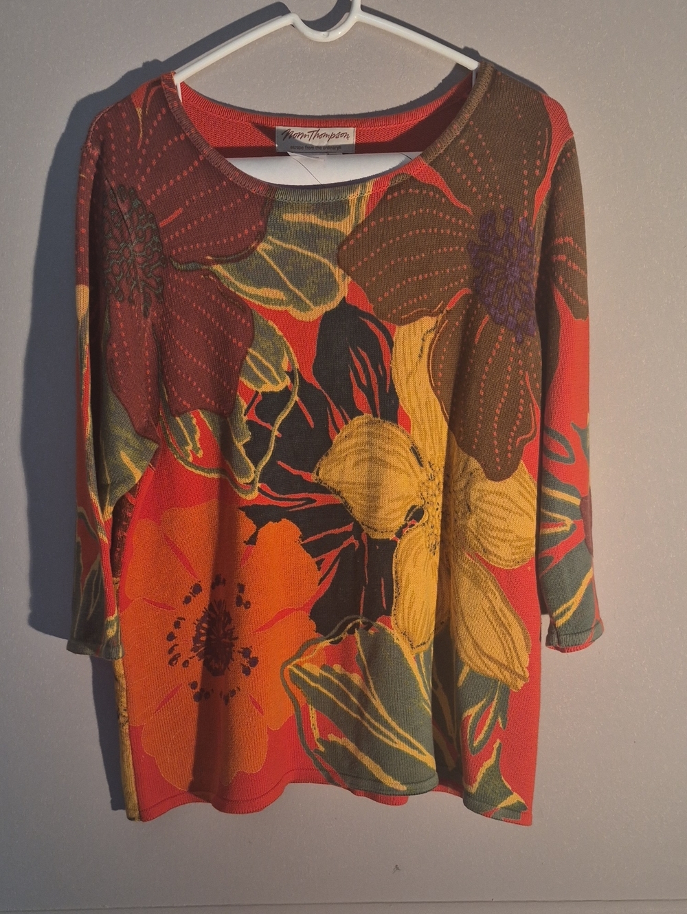 Norm Thompson Bold Floral Knit Top — Orange, Yellow & Green